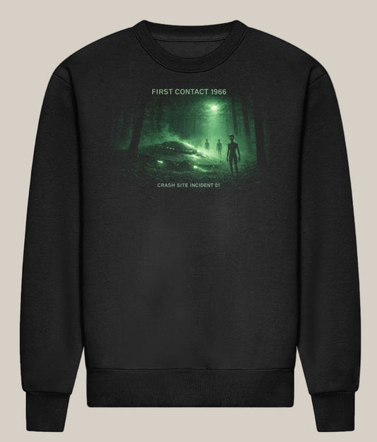 Black sweatshirt with a graphic design of a forest scene and text on a white background