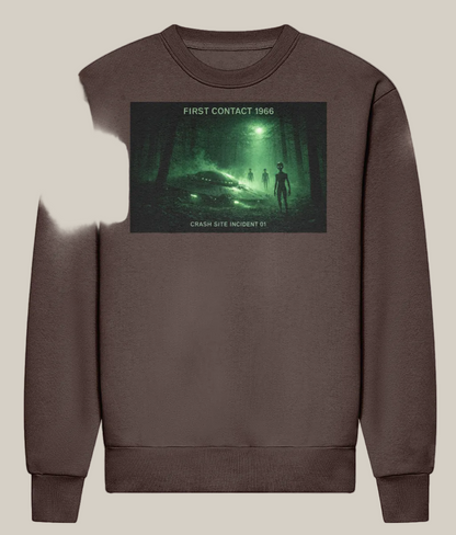 Brown sweatshirt with a graphic design on a white background