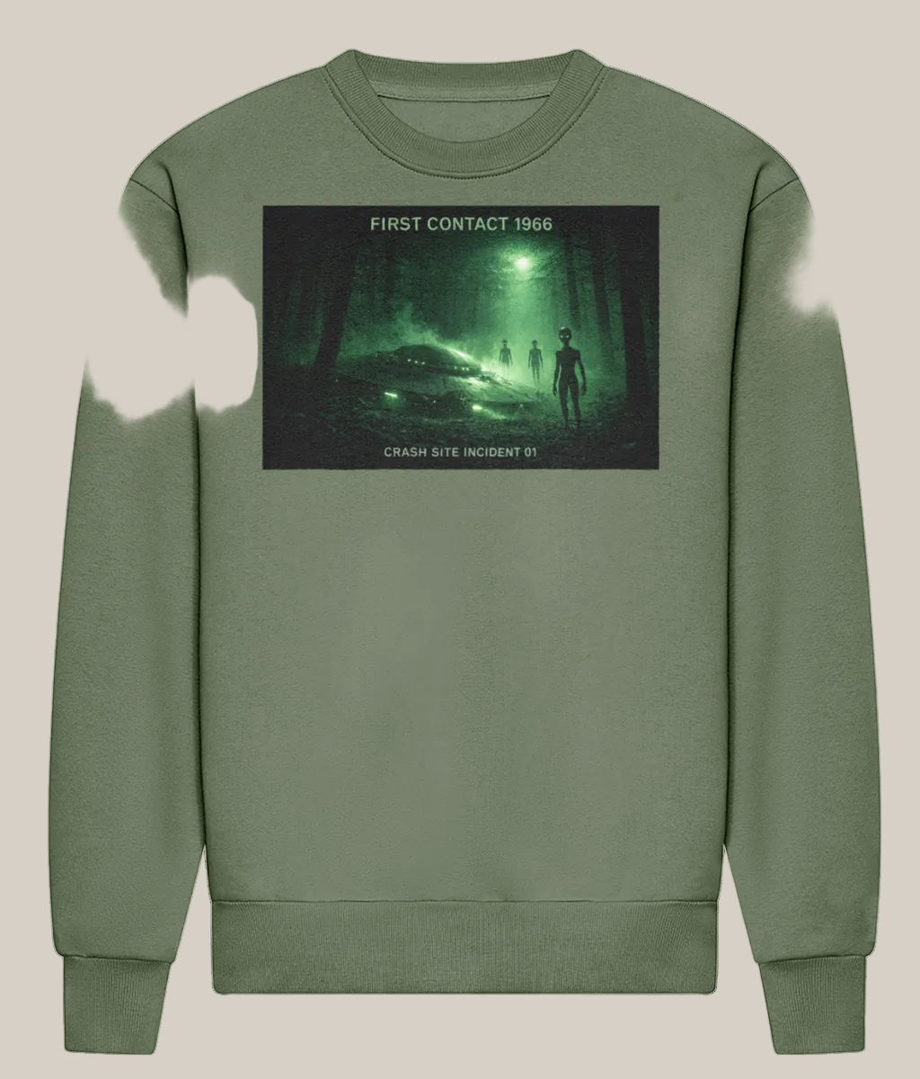 Green sweatshirt with a graphic design on a white background