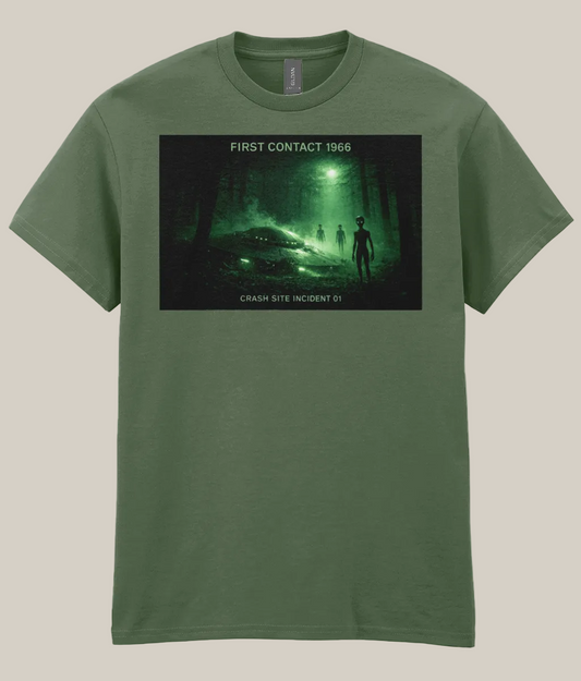 Green t-shirt with a graphic design on a white background