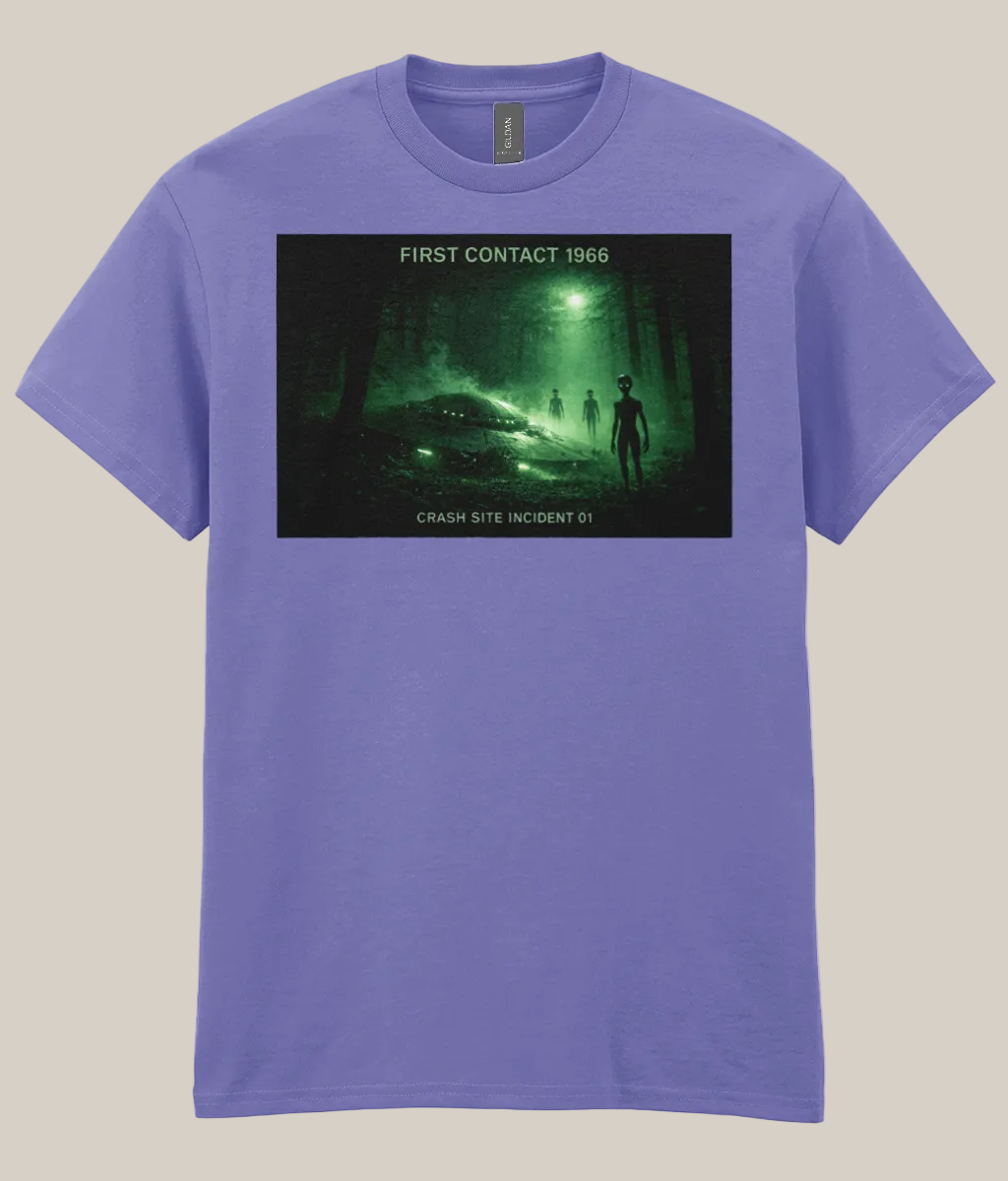 Purple t-shirt with a graphic design of a crashed spacecraft and alien figure on a dark background.
