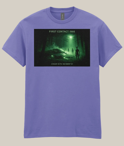 Purple t-shirt with a graphic design of a crashed spacecraft and alien figure on a dark background.