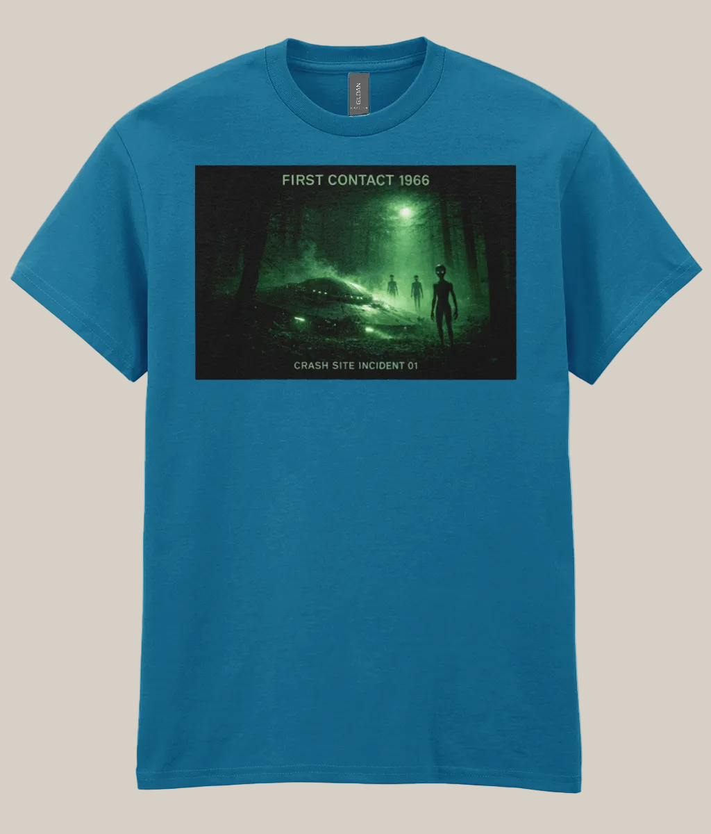 Blue t-shirt with a graphic design of a crashed spacecraft and alien figure on a white background
