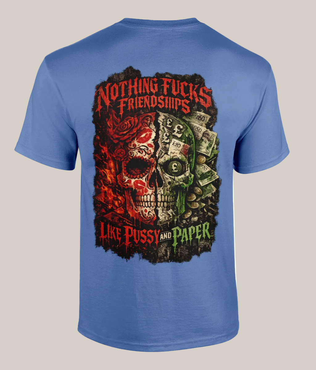 Purple t-shirt with a graphic design featuring a skull and text on the back