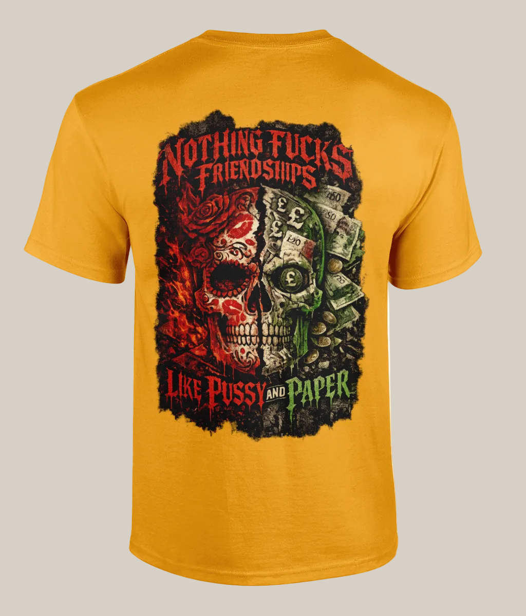 Yellow t-shirt with a graphic design featuring a skull and text on the back.