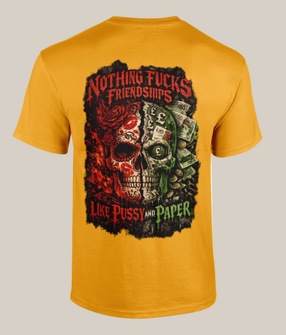Yellow t-shirt with a graphic design featuring a skull and text on the back.