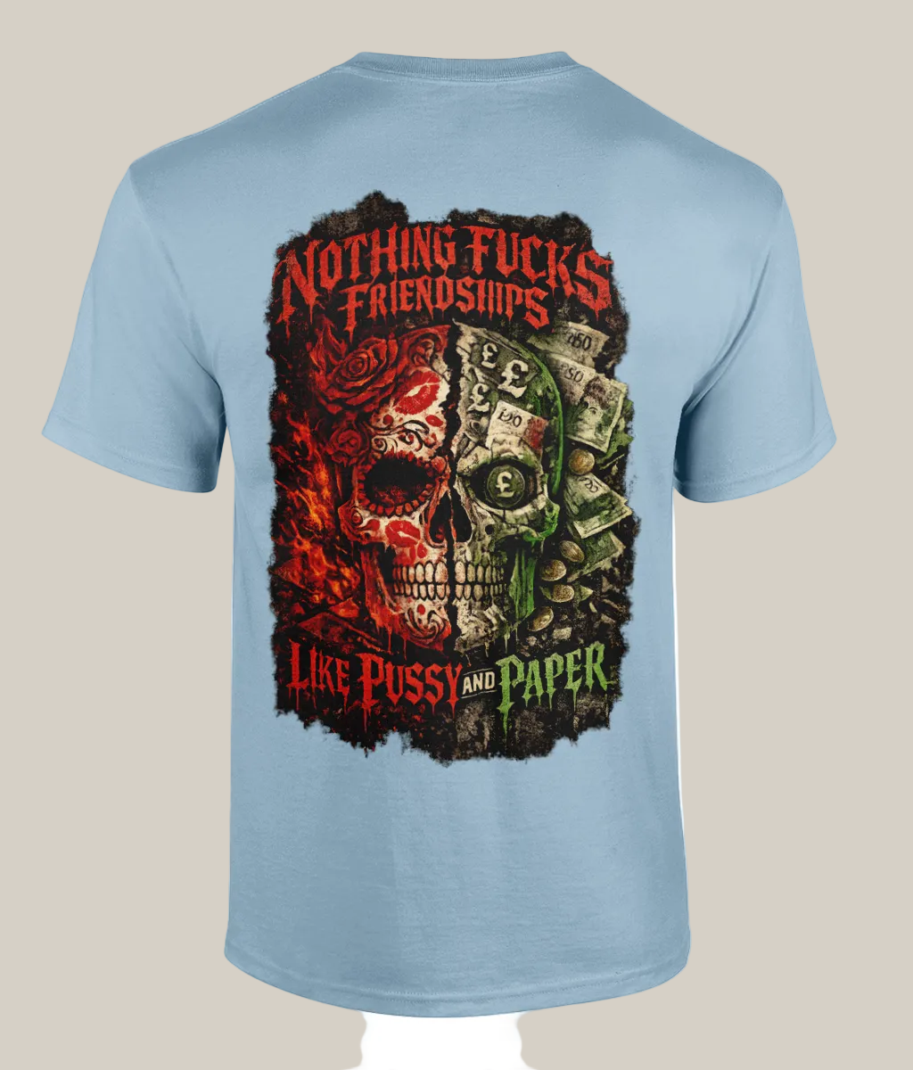 Light blue t-shirt with a graphic design and text on the back, featuring a skull and money.