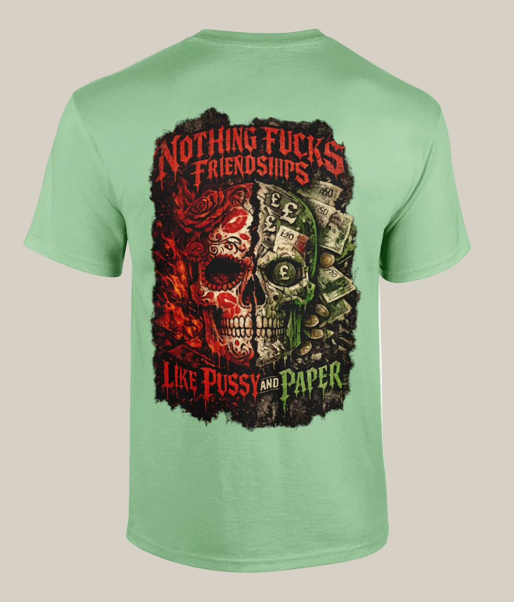 Light green t-shirt with a graphic design featuring a skull and text on the back, on a white background.