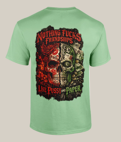 Light green t-shirt with a graphic design featuring a skull and text on the back, on a white background.