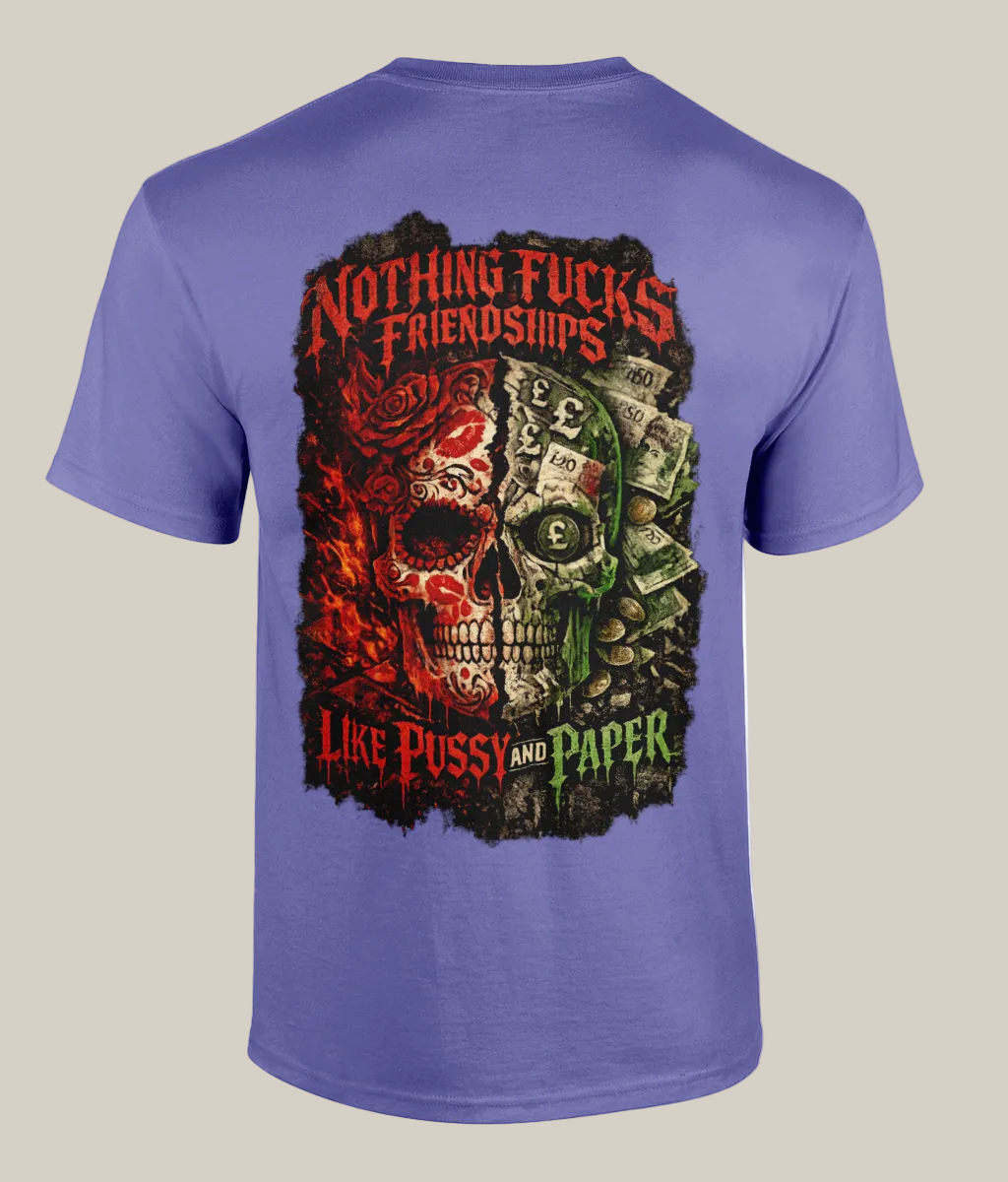 Purple t-shirt with a graphic design featuring a skull and text on the back
