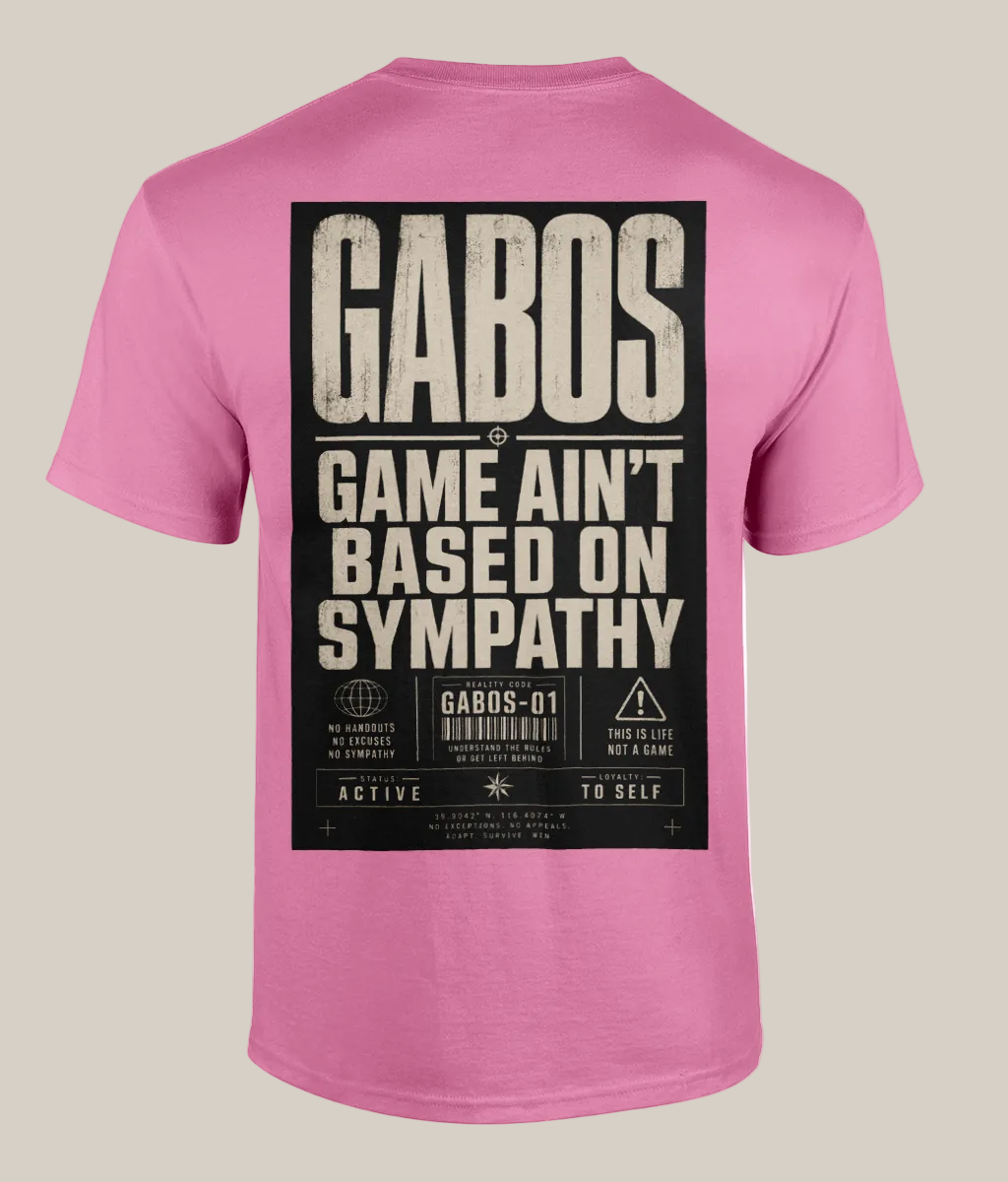Pink t-shirt with black text on the back on a white background