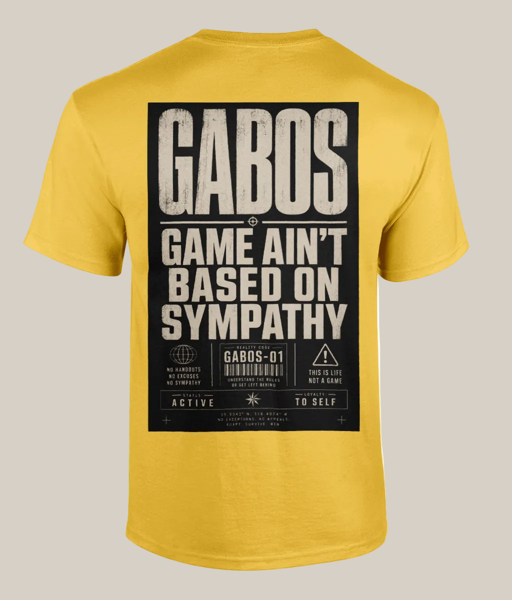 Yellow t-shirt with black graphic and text on a white background