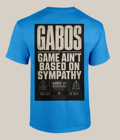Blue t-shirt with text on the back on a white background