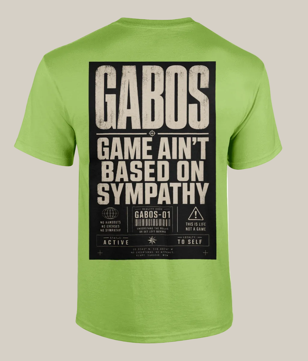 Green t-shirt with text on the back on a white background