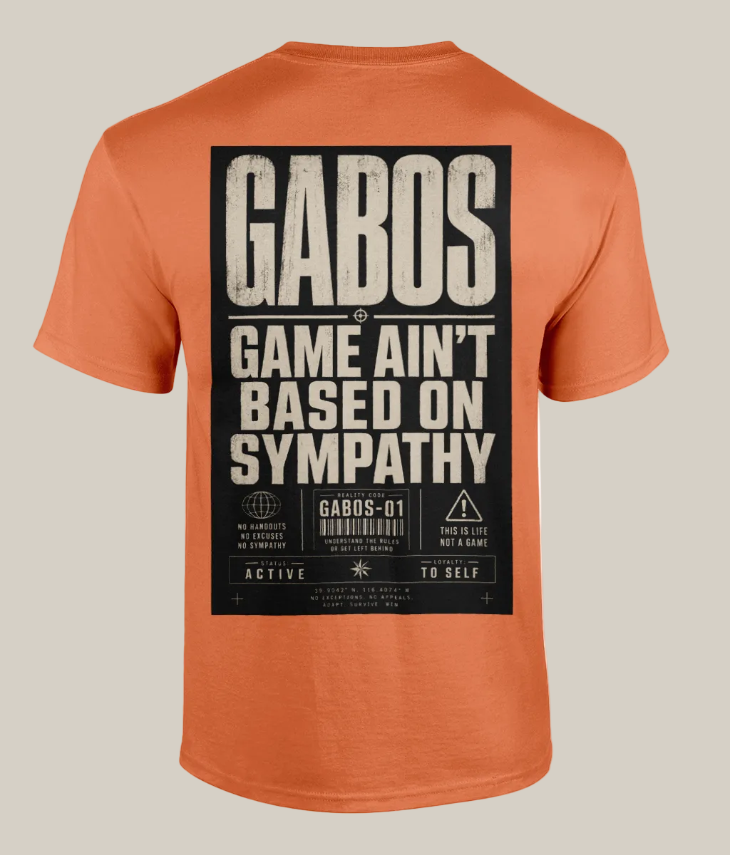 Orange t-shirt with black graphic text on a white background