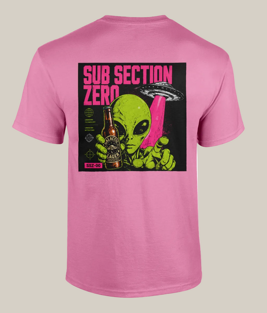 Pink t-shirt with an alien holding a beer and text 'Sub Section Zero' on the back.
