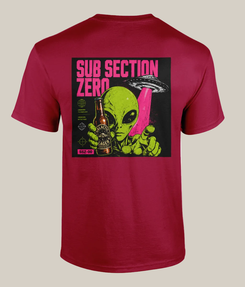 Red t-shirt with a graphic design of an alien holding a beer bottle on the back, on a white background.