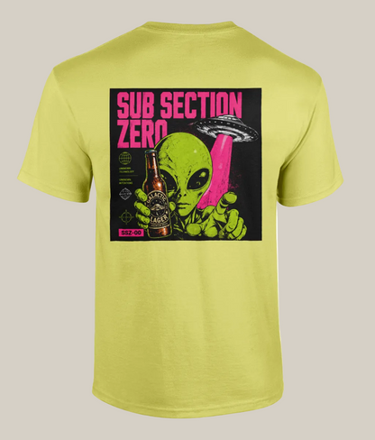 Yellow t-shirt with an alien holding a beer bottle graphic on the back, on a white background.