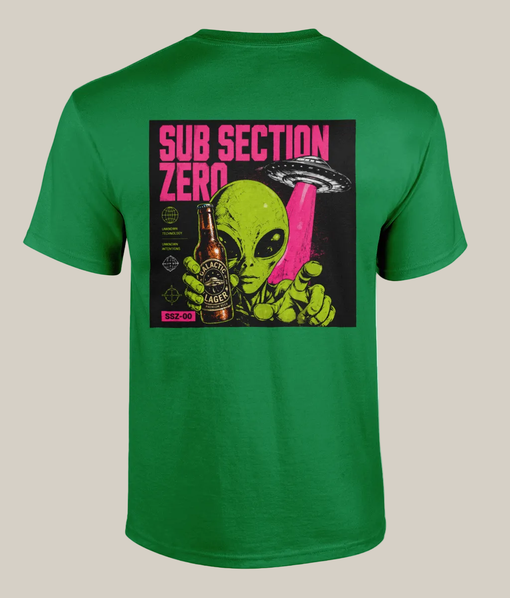 Green t-shirt with alien graphic and 'Sub Section Zero' text on a white background