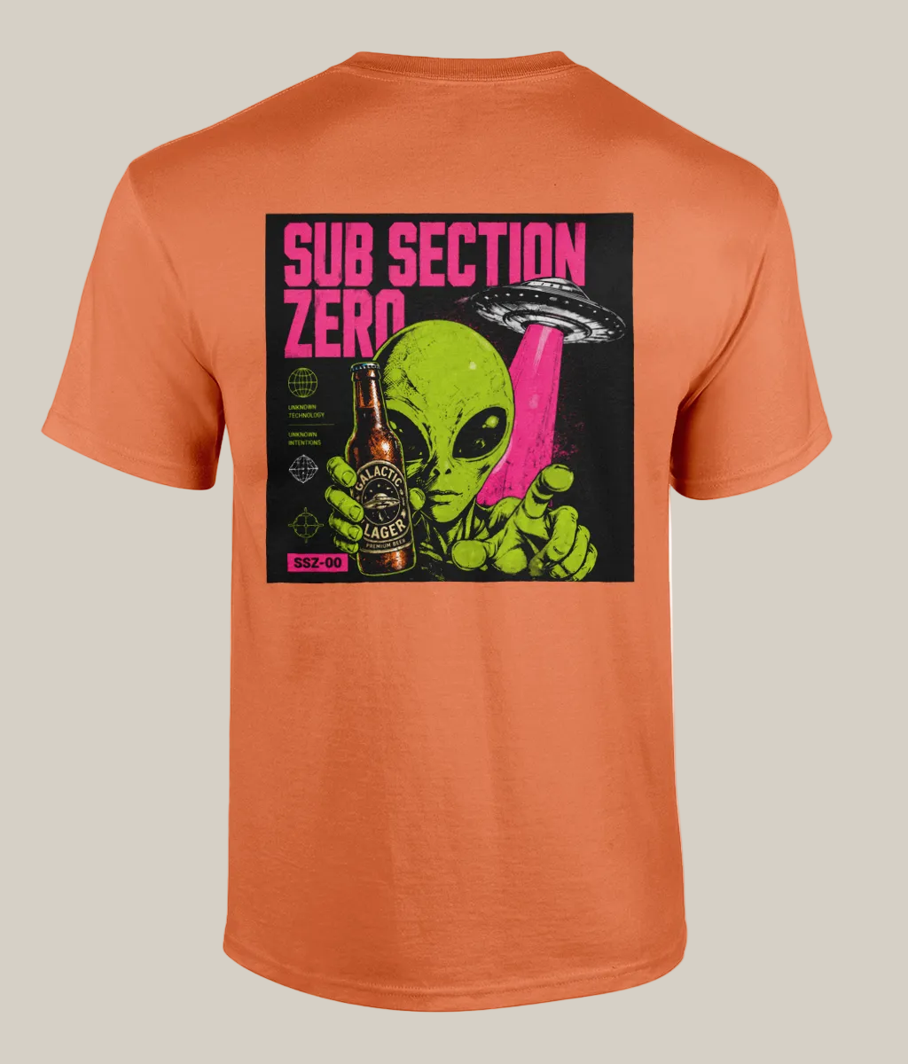 Orange t-shirt with alien graphic and 'Sub Section Zero' text on a white background