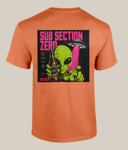 Orange t-shirt with alien graphic and 'Sub Section Zero' text on a white background