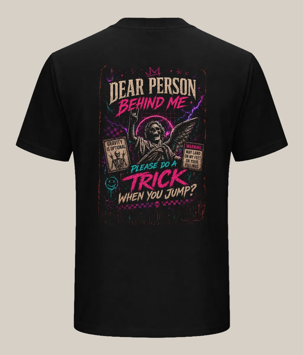Black t-shirt with colorful graphic design on the back featuring text and a statue illustration.