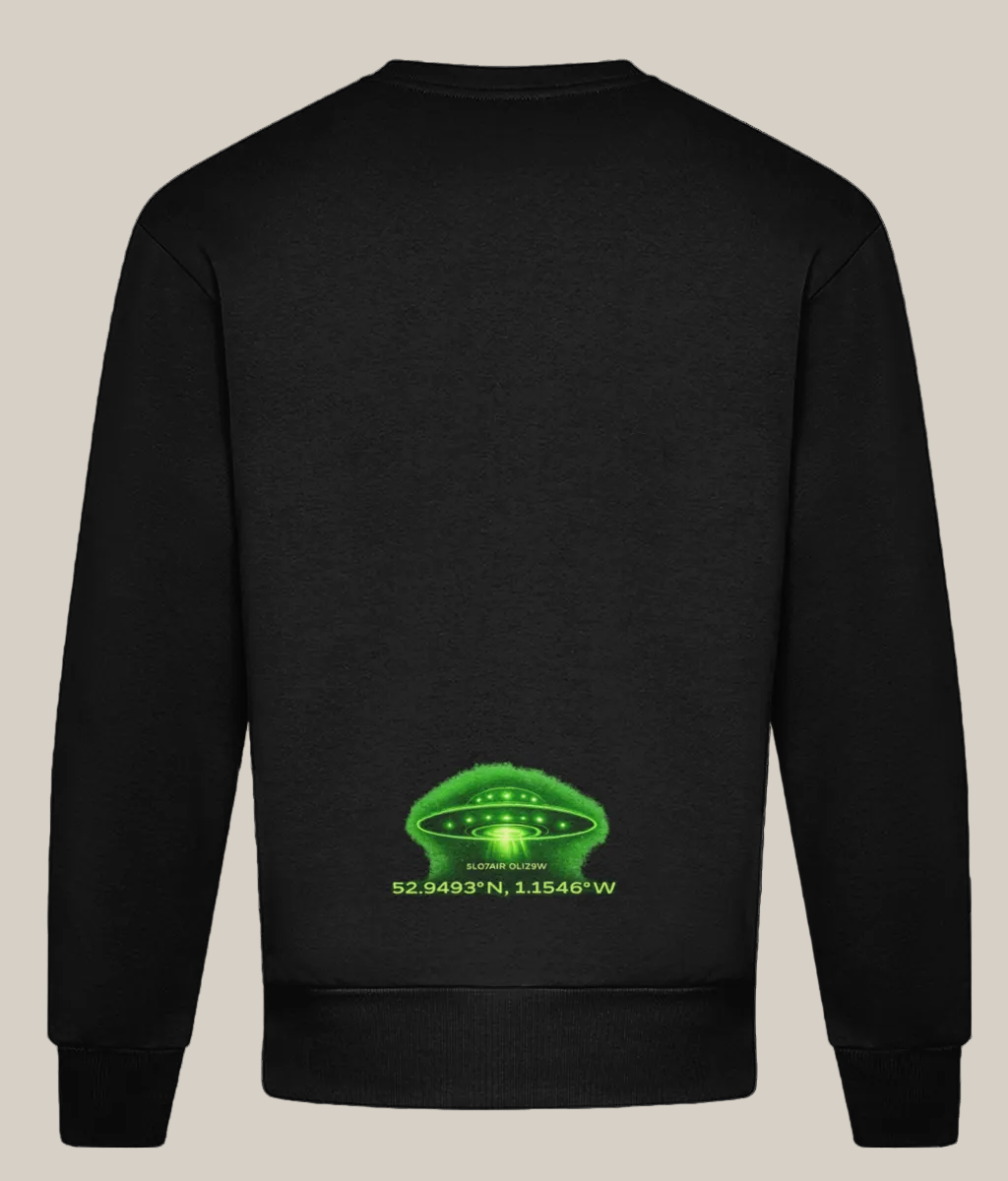 Black sweatshirt with a green alien spaceship design on the back, displayed against a white background.