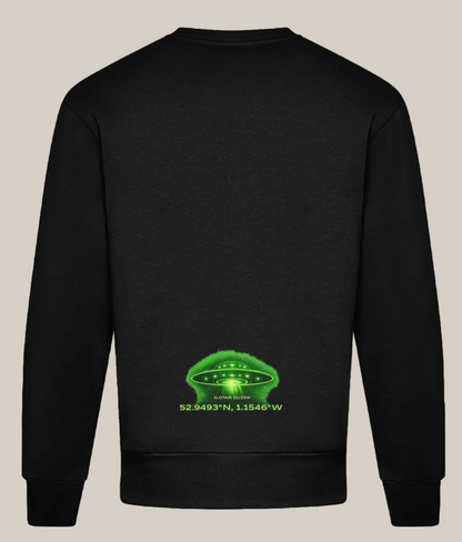 Black sweatshirt with a green alien spaceship design on the back, displayed against a white background.