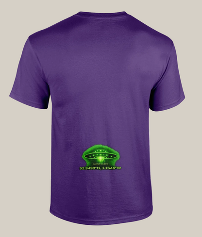 Purple t-shirt with a green UFO graphic and coordinates on a white background