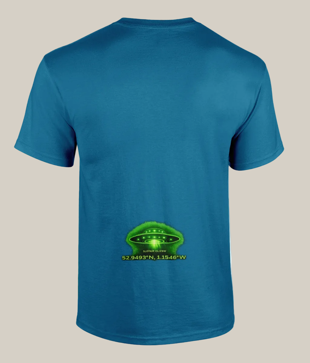 Blue t-shirt with a green UFO graphic and coordinates on a white background