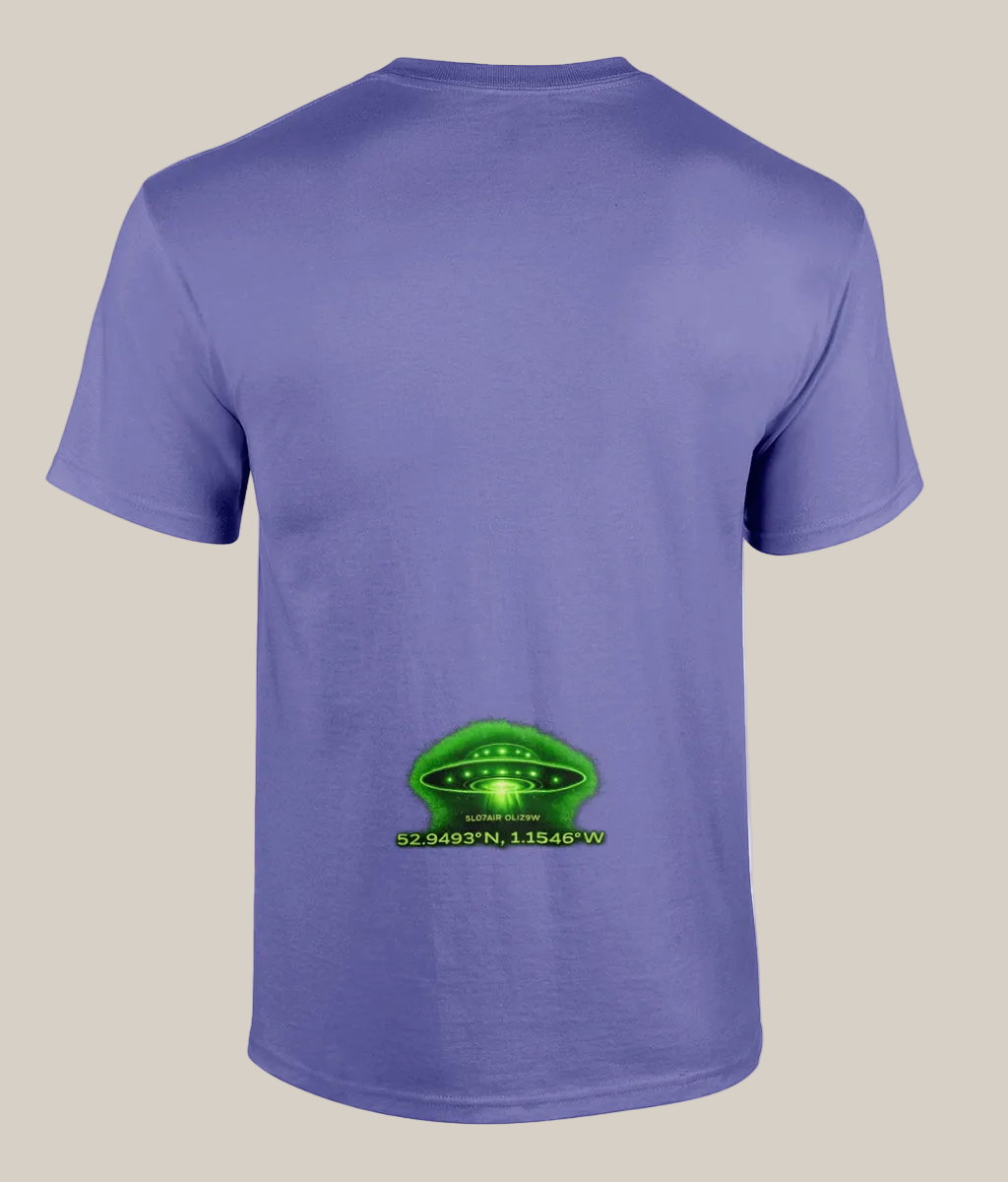Purple t-shirt with a green UFO graphic and coordinates on a white background