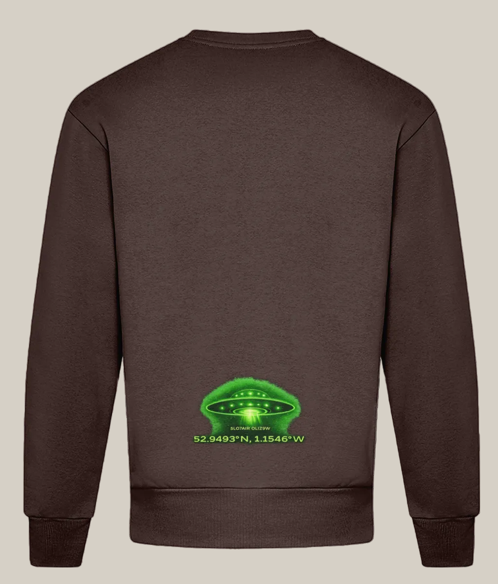 Brown sweatshirt with a green alien UFO graphic and coordinates on the back, on a white background