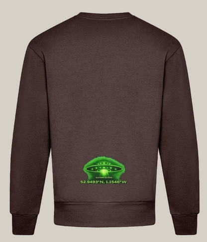 Brown sweatshirt with a green alien UFO graphic and coordinates on the back, on a white background