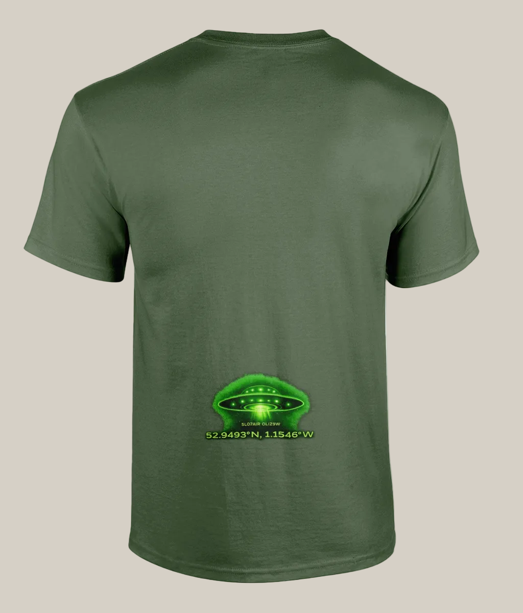 Green t-shirt with a UFO graphic and coordinates on the back, on a white background