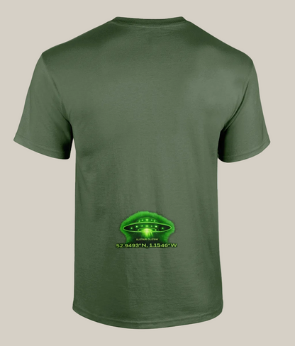 Green t-shirt with a UFO graphic and coordinates on the back, on a white background