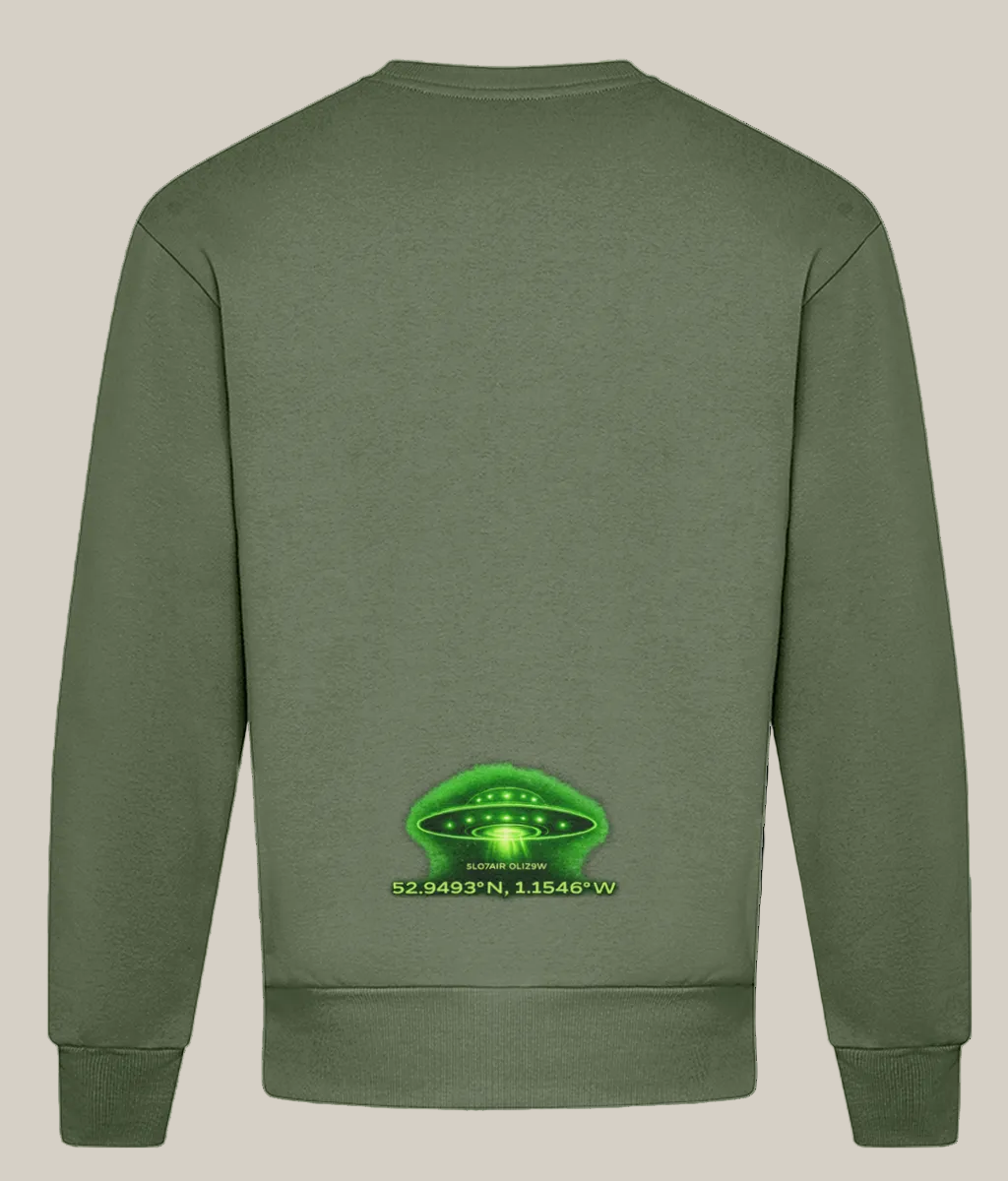 Green sweatshirt with a UFO graphic on the back against a white background