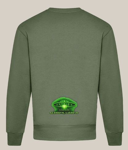 Green sweatshirt with a UFO graphic on the back against a white background