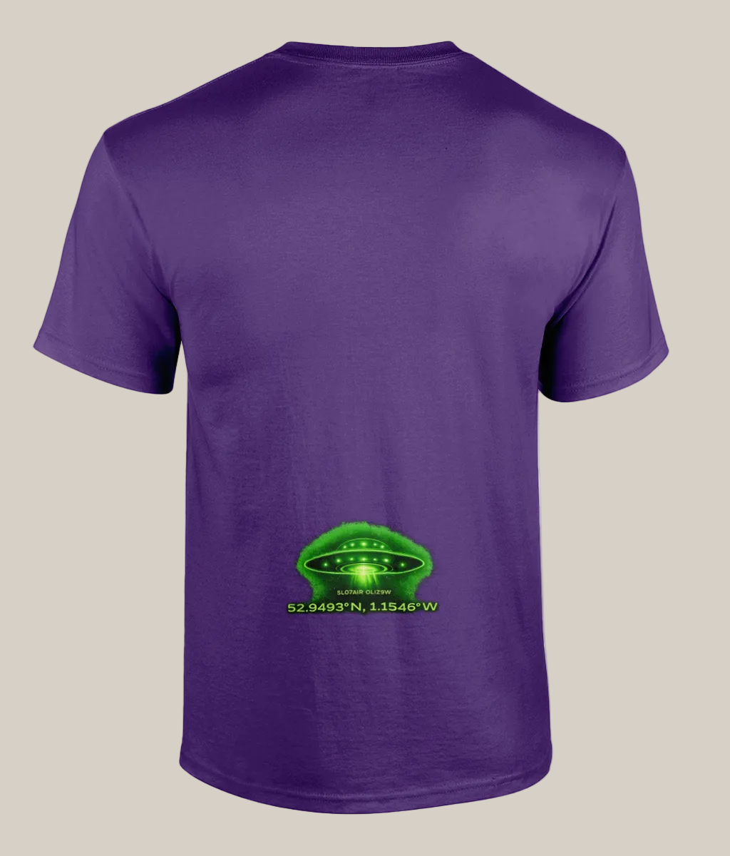 Purple t-shirt with a green UFO graphic and coordinates on a white background