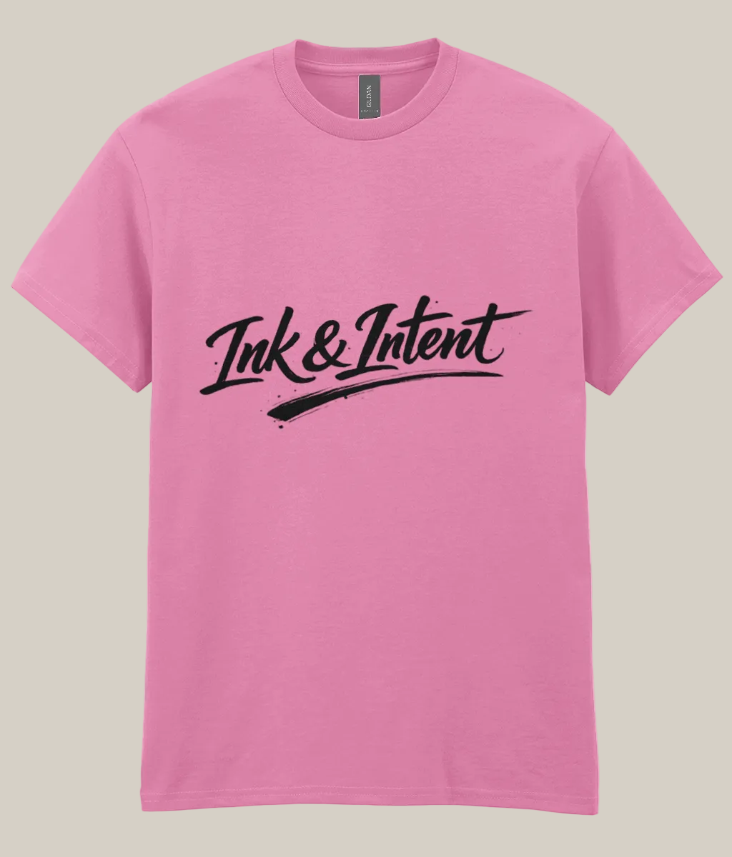 Pink t-shirt with 'Ink & Intent' logo on a white background