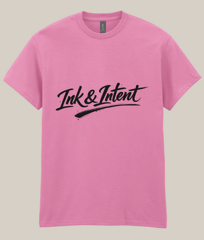 Pink t-shirt with 'Ink & Intent' logo on a white background