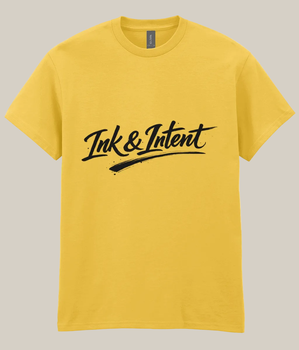 Yellow t-shirt with 'Ink & Intent' logo on a white background