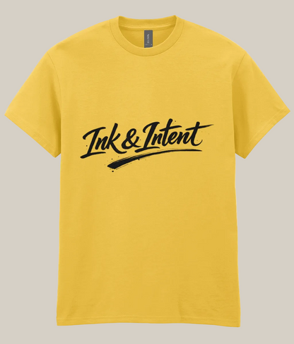 Yellow t-shirt with 'Ink & Intent' logo on a white background