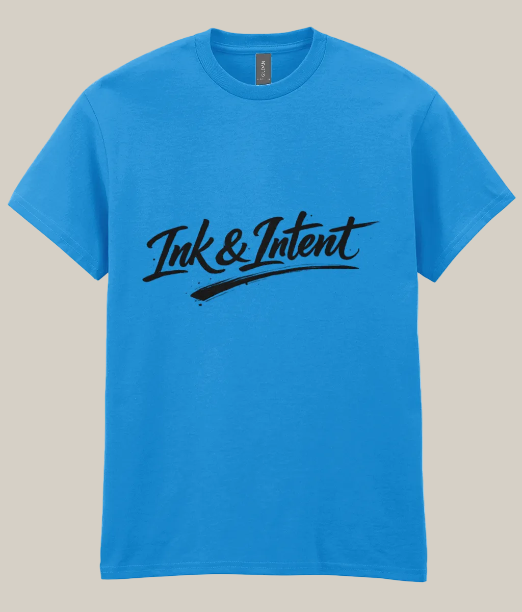 Blue t-shirt with 'Ink & Intent' logo on a white background
