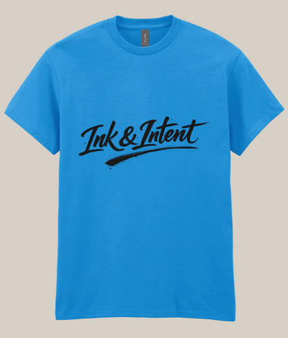 Blue t-shirt with 'Ink & Intent' logo on a white background