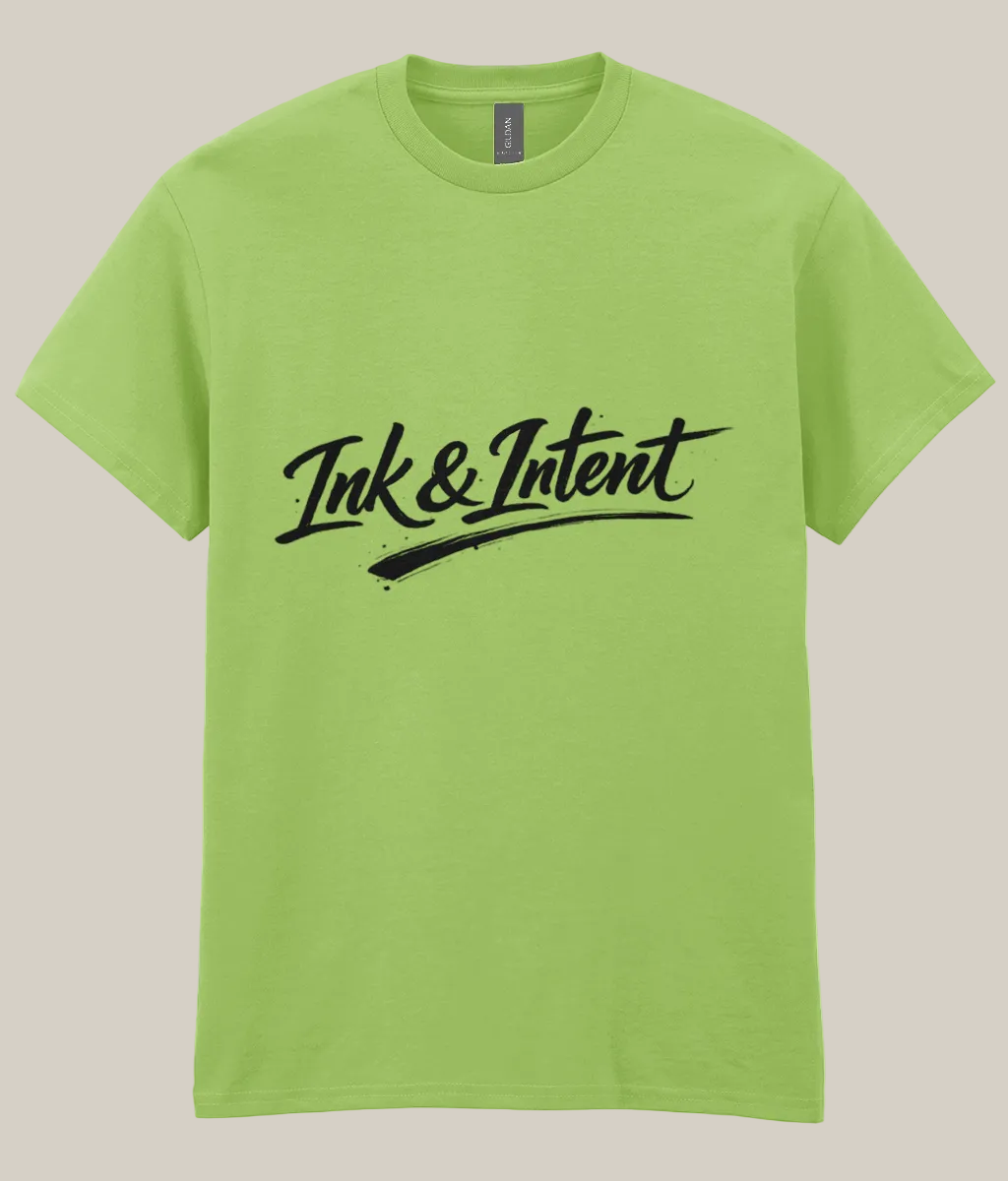 Green t-shirt with 'Ink & Intent' text on a white background