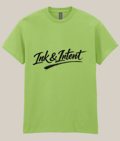 Green t-shirt with 'Ink & Intent' text on a white background