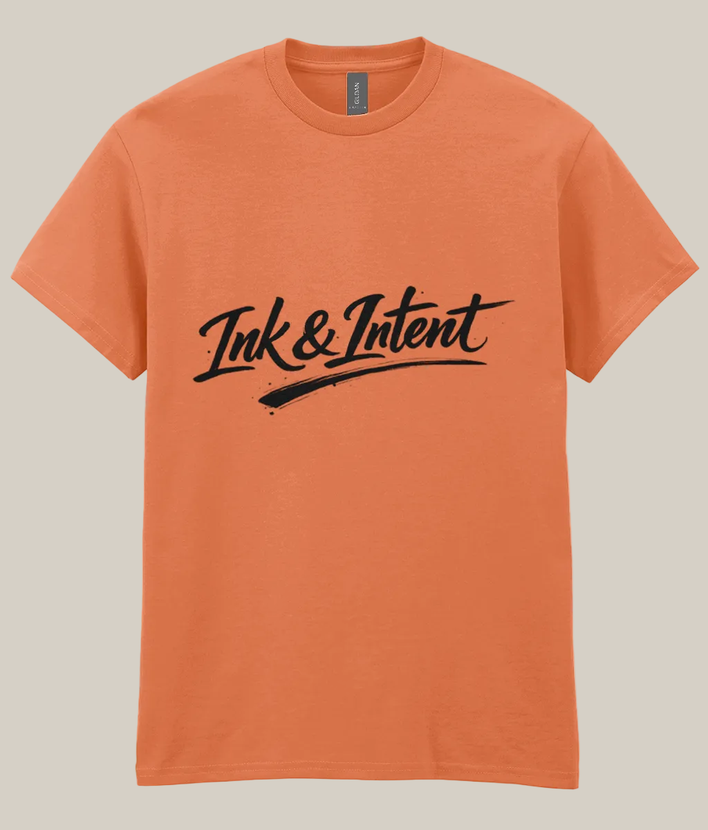 Orange t-shirt with 'Ink & Intent' logo on a white background