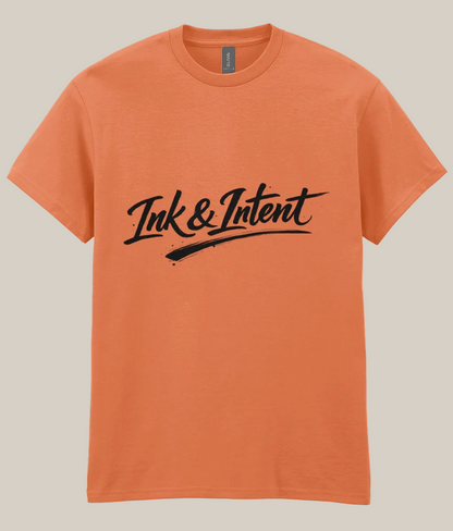 Orange t-shirt with 'Ink & Intent' logo on a white background