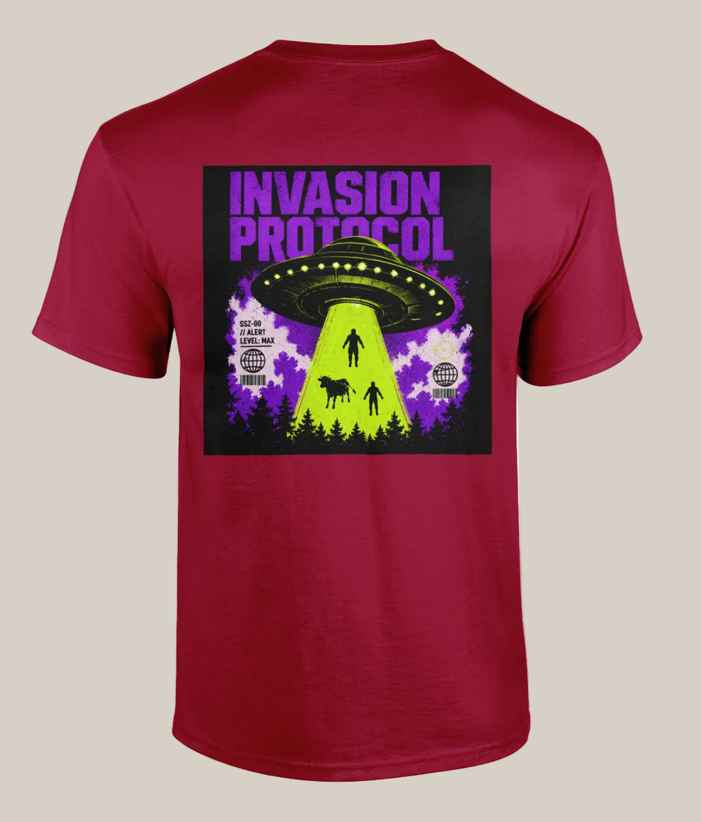 Red t-shirt with a graphic design of a UFO and text on the back, on a white background.