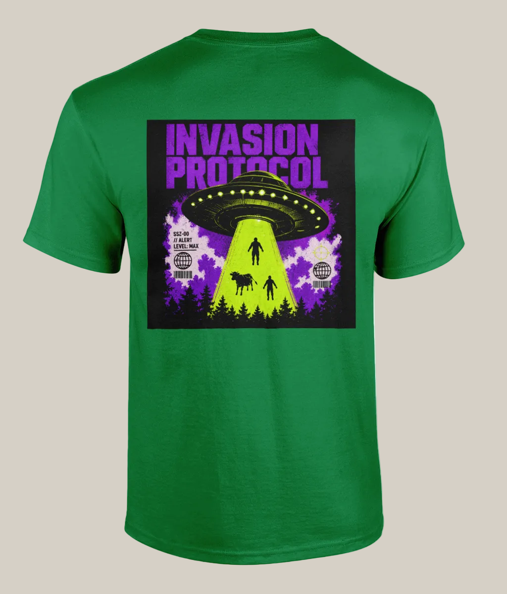 Green t-shirt with 'Invasion Protocol' graphic on a white background